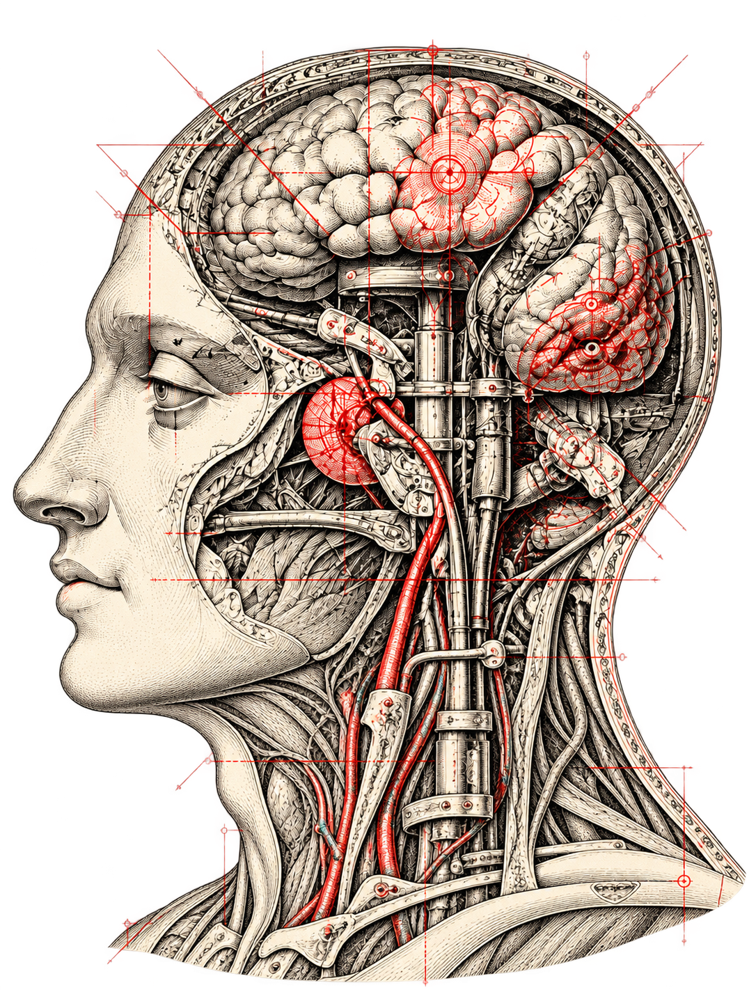 Antique medical engraving of a human profile with an exposed mechanical brain, annotated in diagnostic red.